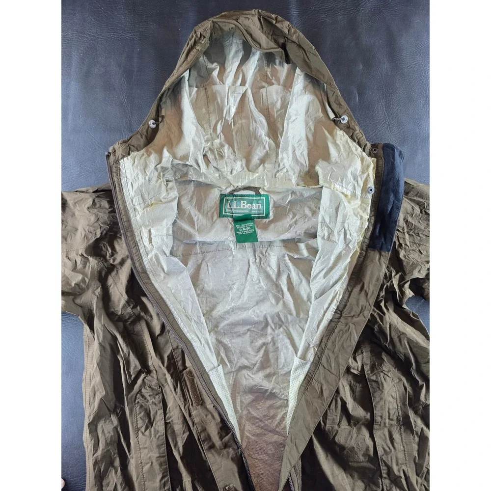 LL Bean Mens Olive Green Ripstop Nylon Hooded Rain Jacket Windbreaker 0ALB6